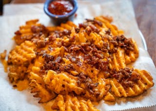 Waffle Potatoes with Bacon & Melted Cheddar Cheese