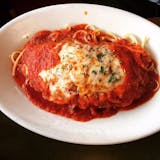 Chicken Parmigiana over Spaghetti 