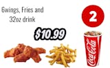 #2 combo 6 wings, fries and drink