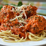 Spaghetti with Meatball, Garlic Roll, & Can of Soda