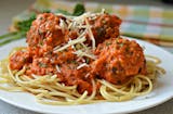 Spaghetti with Meatball, Garlic Roll, & Can of Soda