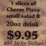 1 thin slice cheese pizza, small salad & 20oz fountain soda