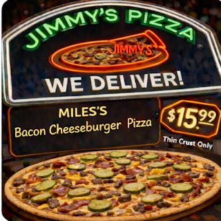 Miles' Bacon Cheeseburger with Pickles Thin crust Pizza