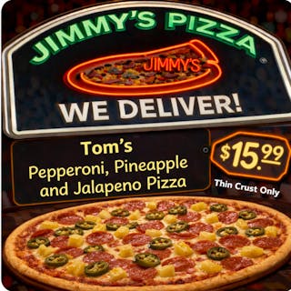 Tom's pepperoni, pineapple and jalapeno Thin crust Pizza