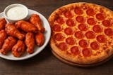 1 Large Pizza 1- Topping & 12 Buffalo Wings
