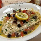 Chicken Lemon, Fresh Tomatoes and Olives Sauce side pasta