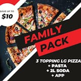 FAMILY PACK - 3 topping LG Pizza + Pasta + 2L Soda + App (Save up to $10)