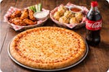 (Family Deal #4)One medium 16" pizza, 6 garlic knots 12 wings & two litter soda.