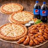 3 LARGE CHEESE 50 WINGS 2X2 LT SODA