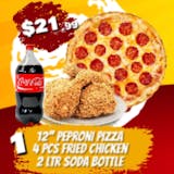 12" Pepperoni Pizza, 6 Pieces Fried buffalo wings & 2-Liter Bottled Soda Special