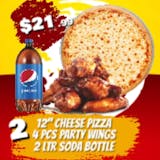 12" Cheese Pizza, 6 Pieces Party Wings & 2-Liter Bottled Soda Special