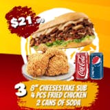 COMBO DEAL-3 >> 8" Cheesesteak Sub, 4 Pcs Wings & 2 Cans of Soda