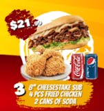 COMBO DEAL-3 >> 8" Cheesesteak Sub, 4 Pcs Wings & 2 Cans of Soda
