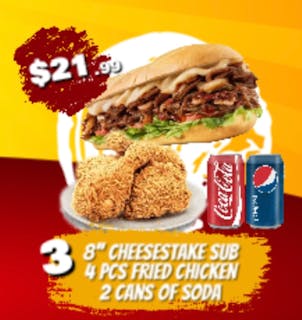 COMBO DEAL-3 >> 8" Cheesesteak Sub, 4 Pcs Wings & 2 Cans of Soda