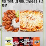10. Large Cheese Pizza, 12 Wings & 2 Liter Soda Pick Up Special