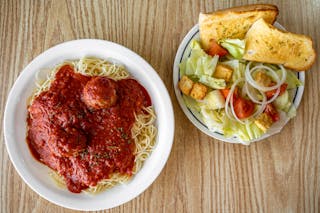 Spaghetti with Meatballs, Salad & Garlic Bread Tuesday Special