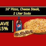 Large 16" Plain Cheese Pizza & 12 Wings & Cheese Steak Special