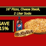 Large 16" Plain Cheese Pizza, Cheese Steak & 2 Liter Soda Special