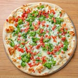 Broccoli, Tomatoes, Fresh Garlic, Olive Oil, Parmigiana & Mozzarella Cheese Pizza