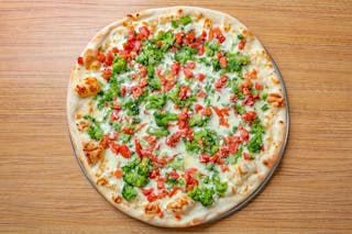 Broccoli, Tomatoes, Fresh Garlic, Olive Oil, Parmigiana & Mozzarella Cheese Pizza