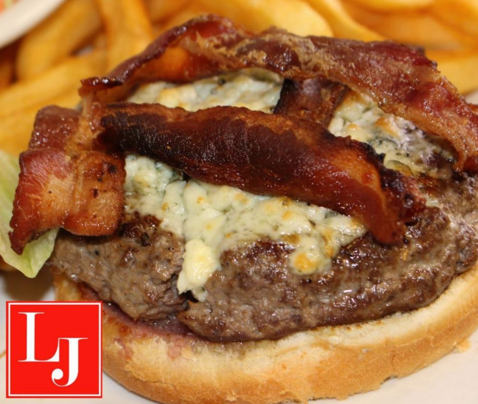 Order Bacon & Blue Burger - 1/2 lb. food online from Little Joe's Restaurant-Pizza store, Tinley Park on bringmethat.com