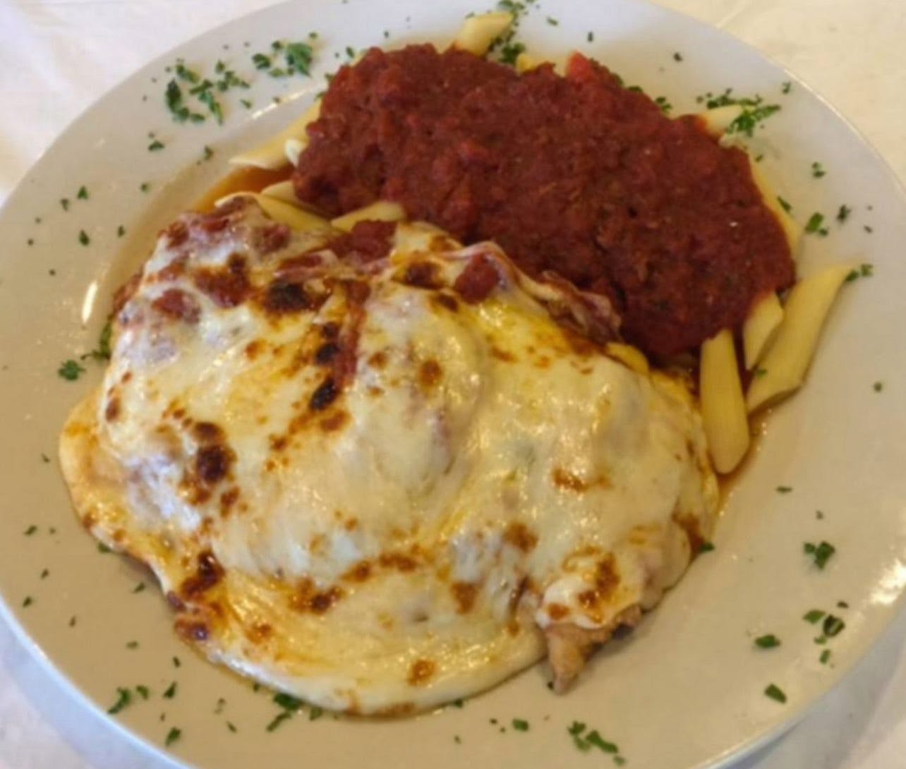 Order Chicken Parmigiana - Entree food online from Little Joe's Restaurant-Pizza store, Tinley Park on bringmethat.com
