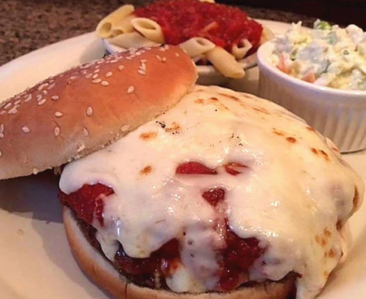 Order Pizza Burger - 1/2 lb. food online from Little Joe's Restaurant-Pizza store, Tinley Park on bringmethat.com