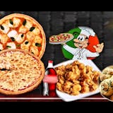 FAMILY PIZZA COMBO#7 -1 LG CHEESE , 1 FRESH MOZZARELLA PIE , 6 GARLIC KNOTS, CHICKEN POPCORN & SODA