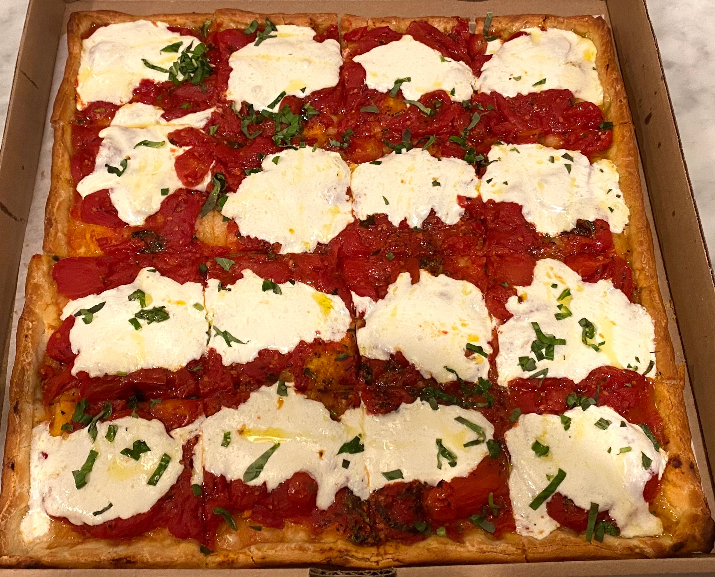 Order Nonno's Sicilian with Fresh Mozzarella Pizza - Sicilian 18" food online from Italian Corner Deli By Massimo store, Trumbull on bringmethat.com