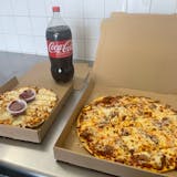 16'' Cheese Pizza with Two Toppings, Cheese Bread & 2 Liter Soda Special