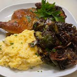 Half Roasted Chicken Brick Oven W/ Creamy Polenta and Brussels Sprouts