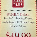 Two 16'' One Topping Pizzas, Garlic Knots, 10 Wings, Large Salad & 2 Liter Soda Special