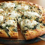 White Capri Pizza( chicken, spinach, roasted tomatoes, fresh mozzarella, fresh garlic, olive oil,