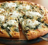 White Capri Pizza( chicken, spinach, roasted tomatoes, fresh mozzarella, fresh garlic, olive oil,