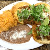Al Pastor Tacos (3) with Rice & Refried Beans