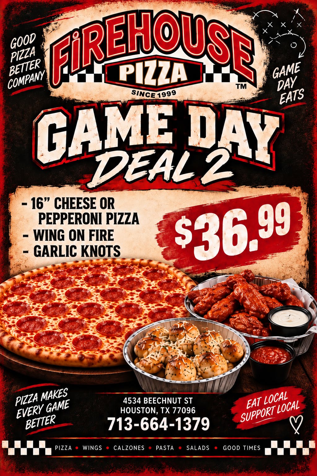 2. 16'' Cheese or Pepperoni Pizza, Wing on Fire & Garlic Knots