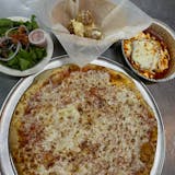 16” Large Cheese Pizza, Pasta Dish, 2 Garlic Rolls & Side Salad Special