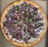 Dirty Bird Pizza( Bacon, steak, jalapenos & onions.