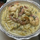 Creamy pesto pasta with shrimp