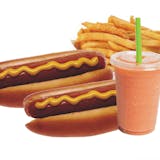Two Beef Hot Dogs  with 16 oz. Drink & French Fries Special