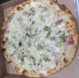 White Pizza with Onions, Mozzarella, Ricotta, Ham & Broccoli