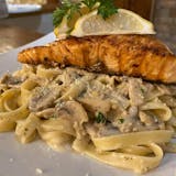 Fettuccine with Creamy Mushrooms & Grilled Salmon