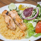 Salmon Skewers with Rice & Greek Salad