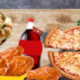 EVERY OCCASION COMBO#1COMES WITH 1 LARGE CHEESE PIE 6 PCS BAFFALO WINGS, 6 GARLIC KNOTS &2 L SODA)