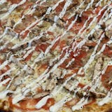 68. Grilled Chicken, Tomatoes, onions, Ranch, Garlic, Basil White Pizza