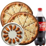 #7 2 LG 16” Cheese Pizzas, 10 Wings & 2L Soda SAVES $22!