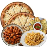 #8 FAMILY NIGHT (2 LG 16” Cheese Pizzas, 20 Wings, LG French Fries, Garlic Bread & 2L Soda)