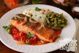 Oven Baked Salmon with brown rice, beans and  chile tomato onion sauce