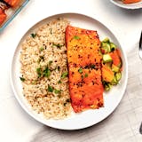 Oven Baked Salmon with brown rice, beans and  Francese sauce