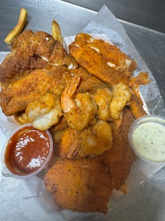 3 fresh fried fish with 3 fried shrimps and fries 14.99